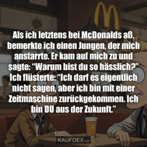 Als ich letztens bei McDonalds aß, bemerkte ich einen Jungen, der mich anstarrte. Er kam auf mich zu und sagte: “Warum bist du so hässlich?” Ich flüsterte: “Ich darf es eigentlich nicht sagen, aber ich bin mit einer Zeitmaschine zurückgekommen. Ich bin DU aus der Zukunft.”