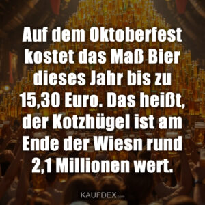 Auf dem Oktoberfest kostet das Maß Bier dieses Jahr bis zu 15,30 Euro. Das heißt, der Kotzhügel ist am Ende der Wiesn rund 2,1 Millionen wert.