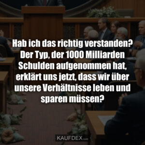 Hab ich das richtig verstanden? Der Typ, der 1000 Milliarden Schulden aufgenommen hat, erklärt uns jetzt, dass wir über unsere Verhältnisse leben und sparen müssen?