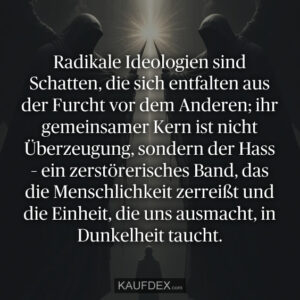 Radikale Ideologien sind Schatten, die sich entfalten aus der Furcht vor dem Anderen; ihr gemeinsamer Kern ist nicht Überzeugung, sondern der Hass – ein zerstörerisches Band, das die Menschlichkeit zerreißt und die Einheit, die uns ausmacht, in Dunkelheit taucht.