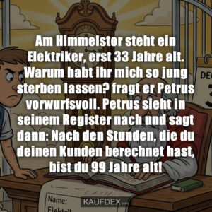 Am Himmelstor steht ein Elektriker, erst 33 Jahre alt. Warum habt ihr mich so jung sterben lassen? fragt er Petrus vorwurfsvoll. Petrus sieht in seinem Register nach und sagt dann: Nach den Stunden, die du deinen Kunden berechnet hast, bist du 99 Jahre alt!