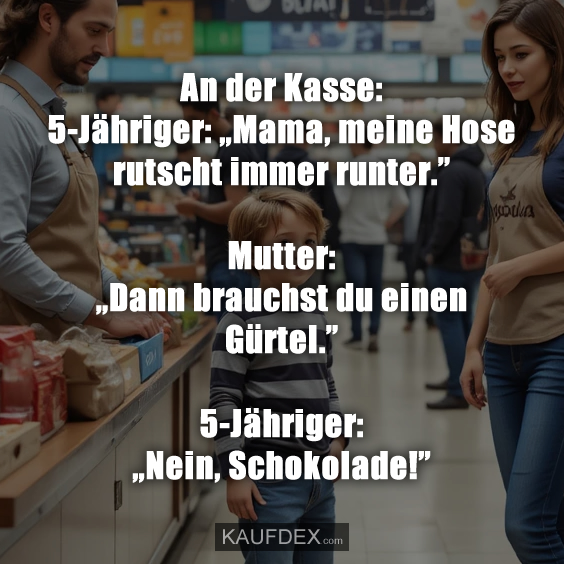 An der Kasse: 5-Jähriger: „Mama, meine Hose rutscht immer runter.” Mutter: „Dann brauchst du einen Gürtel.” 5-Jähriger: „Nein, Schokolade!”