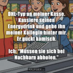 DHL-Typ an meiner Kasse. Kassiere seinen Energydrink und gebe ihn meiner Kollegin hinter mir. Er guckt komisch. Ich: “Müssen sie sich bei Nachbarn abholen.”
