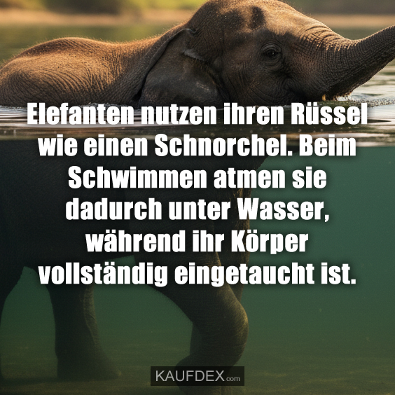 Elefanten nutzen ihren Rüssel wie einen Schnorchel. Beim Schwimmen atmen sie dadurch unter Wasser, während ihr Körper vollständig eingetaucht ist.