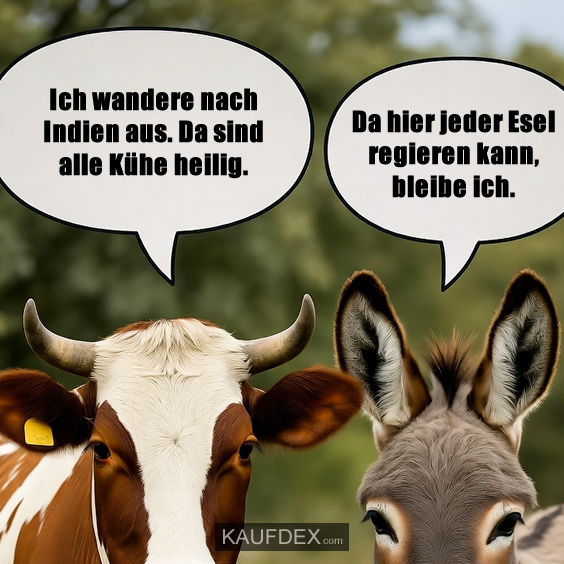 Ich wandere nach Indien aus. Da sind alle Kühe heilig. Da hier jeder Esel regieren kann, bleibe ich.