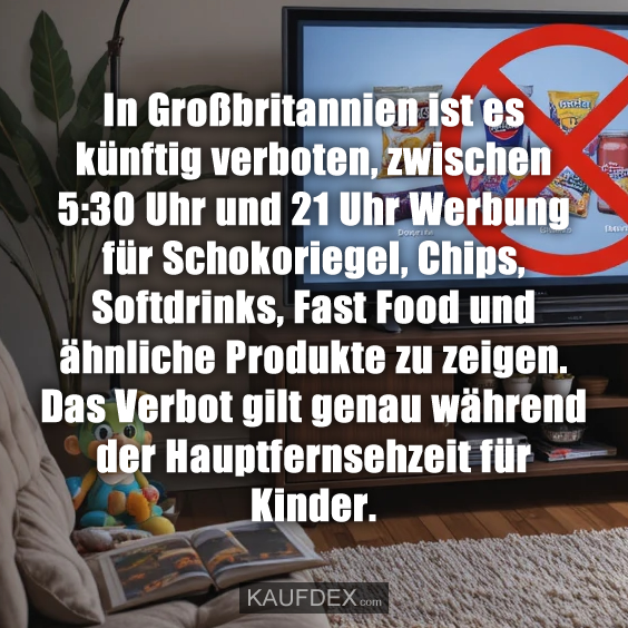 In Großbritannien ist es künftig verboten, zwischen 5:30 Uhr und 21 Uhr Werbung für Schokoriegel, Chips, Softdrinks, Fast Food und ähnliche Produkte zu zeigen. Das Verbot gilt genau während der Hauptfernsehzeit für Kinder.