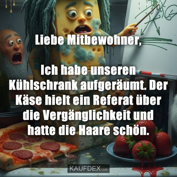 Liebe Mitbewohner, Ich habe unseren Kühlschrank aufgeräumt. Der Käse hielt ein Referat über die Vergänglichkeit und hatte die Haare schön.