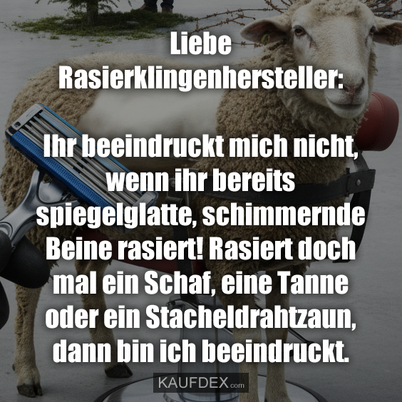Liebe Rasierklingenhersteller: Ihr beeindruckt mich nicht, wenn ihr bereits spiegelglatte, schimmernde Beine rasiert! Rasiert doch mal ein Schaf, eine Tanne oder ein Stacheldrahtzaun, dann bin ich beeindruckt.