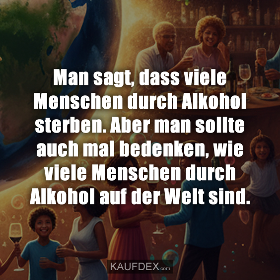Man sagt, dass viele Menschen durch Alkohol sterben. Aber man sollte auch mal bedenken, wie viele Menschen durch Alkohol auf der Welt sind.