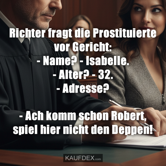 Richter fragt die Prostituierte vor Gericht: - Name? - Isabelle. - Alter? - 32. - Adresse? - Ach komm schon Robert, spiel hier nicht den Deppen!