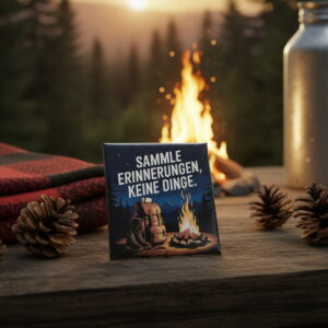 Magnet "Abenteuer & Camping" – Rucksack, Lagerfeuer, Wandern Abenteuer-Magnet mit Rucksack, Wanderschuhen und Lagerfeuer vor Wald- und Bergkulisse, perfekt für Camping-Fans.