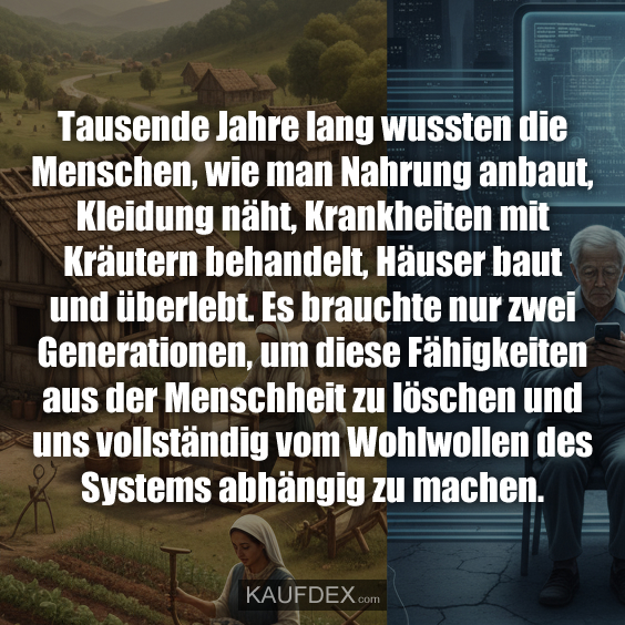 Tausende Jahre lang wussten die Menschen, wie man Nahrung anbaut, Kleidung näht, Krankheiten mit Kräutern behandelt, Häuser baut und überlebt. Es brauchte nur zwei Generationen, um diese Fähigkeiten aus der Menschheit zu löschen und uns vollständig vom Wohlwollen des Systems abhängig zu machen.