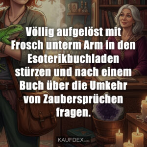 Völlig aufgelöst mit Frosch unterm Arm in den Esoterikbuchladen stürzen und nach einem Buch über die Umkehr von Zaubersprüchen fragen.