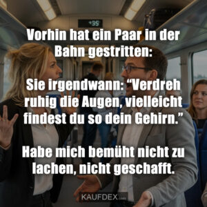 Vorhin hat ein Paar in der Bahn gestritten: Sie irgendwann: “Verdreh ruhig die Augen, vielleicht findest du so dein Gehirn.” Habe mich bemüht nicht zu lachen, nicht geschafft.