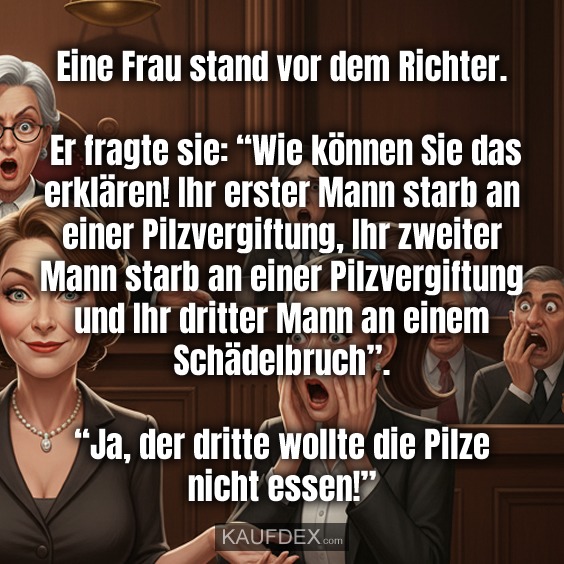 Eine Frau stand vor dem Richter. Er fragte sie: “Wie können Sie das erklären! Ihr erster Mann starb an einer Pilzvergiftung, Ihr zweiter Mann starb an einer Pilzvergiftung und Ihr dritter Mann an einem Schädelbruch”. “Ja, der dritte wollte die Pilze nicht essen!”
