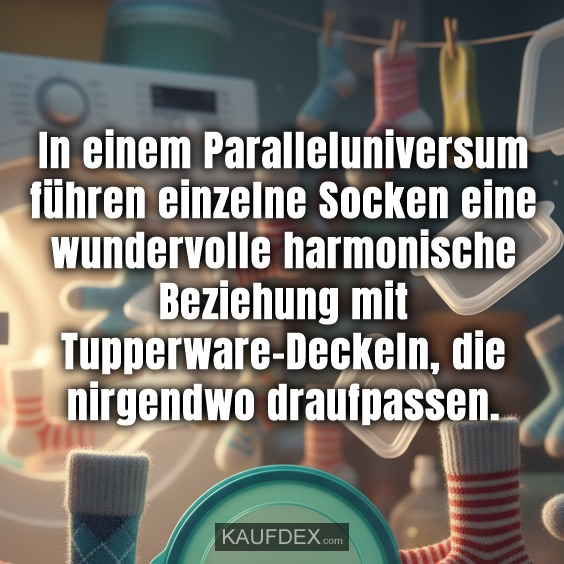 In einem Paralleluniversum führen einzelne Socken eine wundervolle harmonische Beziehung mit Tupperware-Deckeln, die nirgendwo draufpassen.