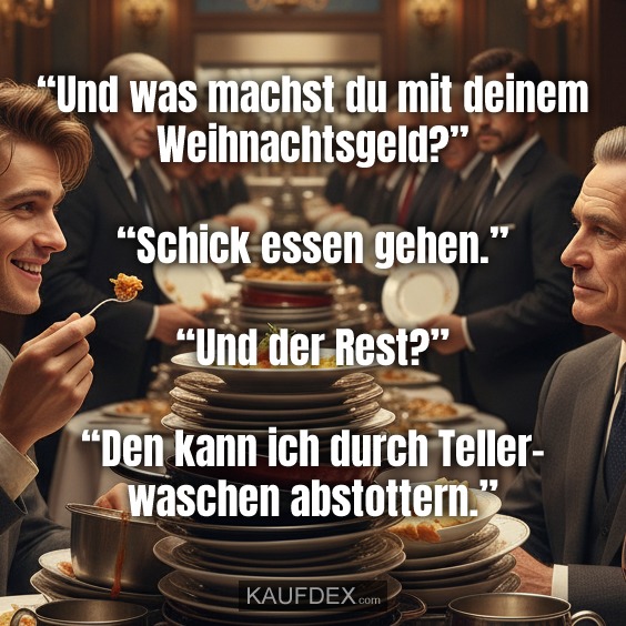 “Und was machst du mit deinem Weihnachtsgeld?” “Schick essen gehen.” “Und der Rest?” “Den kann ich durch Teller- waschen abstottern.”