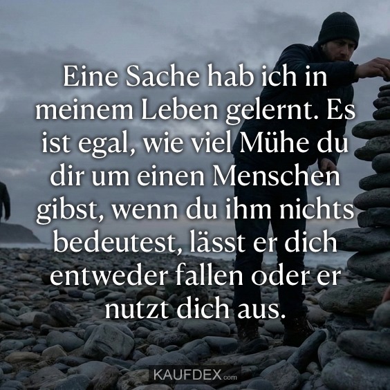 Eine Sache hab ich in meinem Leben gelernt. Es ist egal, wie viel Mühe du dir um einen Menschen gibst, wenn du ihm nichts bedeutest, lässt er dich entweder fallen oder er nutzt dich aus.