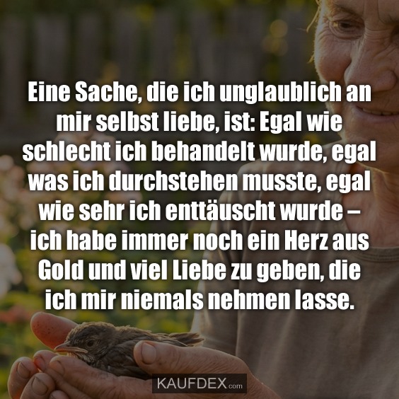 Eine Sache, die ich unglaublich an mir selbst liebe, ist: Egal wie schlecht ich behandelt wurde, egal was ich durchstehen musste, egal wie sehr ich enttäuscht wurde – ich habe immer noch ein Herz aus Gold und viel Liebe zu geben, die ich mir niemals nehmen lasse.