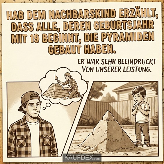 Hab dem Nachbarskind erzählt, dass alle, deren Geburtsjahr mit 19 beginnt, die Pyramiden gebaut haben. Er war sehr beeindruckt von unserer Leistung.