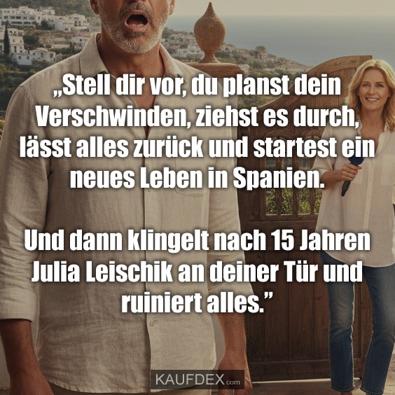 „Stell dir vor, du planst dein Verschwinden, ziehst es durch, lässt alles zurück und startest ein neues Leben in Spanien. Und dann klingelt nach 15 Jahren Julia Leischik an deiner Tür und ruiniert alles.”