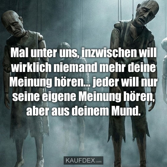 Mal unter uns, inzwischen will wirklich niemand mehr deine Meinung hören... jeder will nur seine eigene Meinung hören, aber aus deinem Mund.