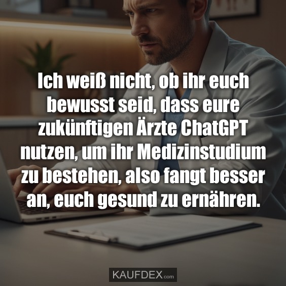 Ich weiß nicht, ob ihr euch bewusst seid, dass eure zukünftigen Ärzte ChatGPT nutzen, um ihr Medizinstudium zu bestehen, also fangt besser an, euch gesund zu ernähren.