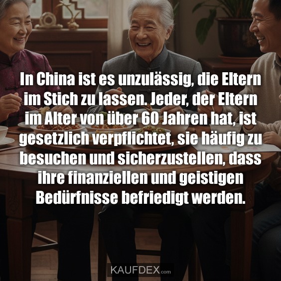 In China ist es unzulässig, die Eltern im Stich zu lassen. Jeder, der Eltern im Alter von über 60 Jahren hat, ist gesetzlich verpflichtet, sie häufig zu besuchen und sicherzustellen, dass ihre finanziellen und geistigen Bedürfnisse befriedigt werden.