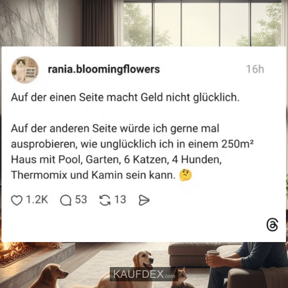 Auf der einen Seite macht Geld nicht glücklich. Auf der anderen Seite würde ich gerne mal ausprobieren, wie unglücklich ich in einem 250m² Haus mit Pool, Garten, 6 Katzen, 4 Hunden, Thermomix und Kamin sein kann.