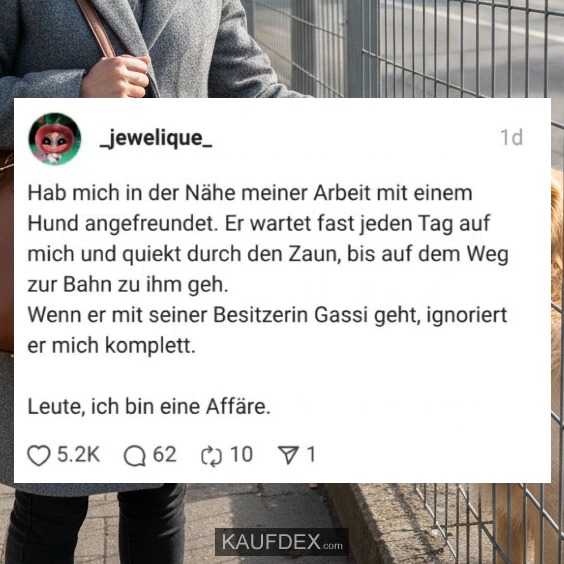 Hab mich in der Nähe meiner Arbeit mit einem Hund angefreundet. Er wartet fast jeden Tag auf mich und quiekt durch den Zaun, bis auf dem Weg zur Bahn zu ihm geh. Wenn er mit seiner Besitzerin Gassi geht, ignoriert er mich komplett. Leute, ich bin eine Affäre.