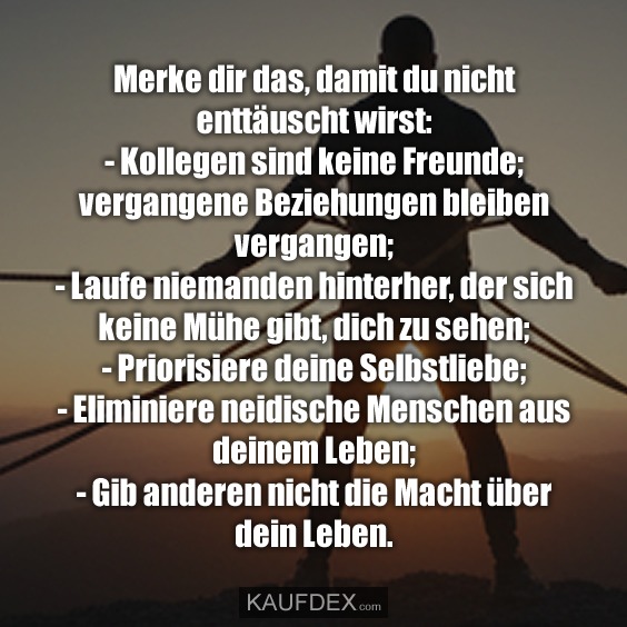 Merke dir das, damit du nicht enttäuscht wirst: - Kollegen sind keine Freunde; vergangene Beziehungen bleiben vergangen; - Laufe niemanden hinterher, der sich keine Mühe gibt, dich zu sehen; - Priorisiere deine Selbstliebe; - Eliminiere neidische Menschen aus deinem Leben; - Gib anderen nicht die Macht über dein Leben.