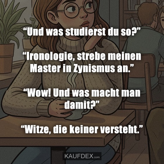 "Und was studierst du so?" "Ironologie, strebe meinen Master in Zynismus an." "Wow! Und was macht man damit?" "Witze, die keiner versteht."