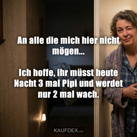 An alle die mich hier nicht mögen ... Ich hoffe, ihr müsst heute Nacht 3 mal Pipi und werdet nur 2 mal wach.