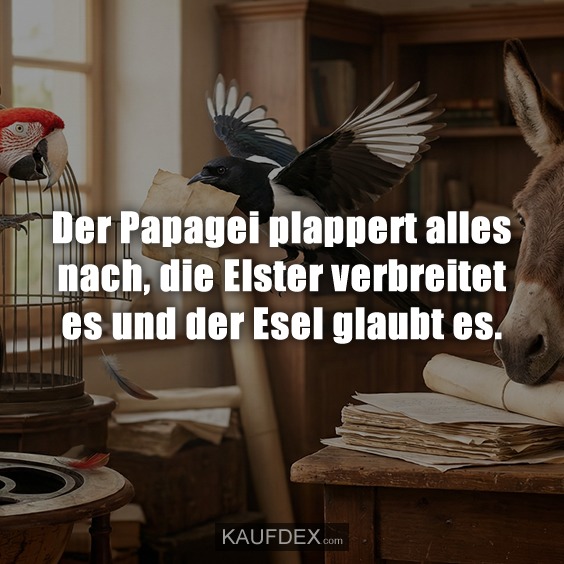 Der Papagei plappert alles nach, die Elster verbreitet es und der Esel glaubt es.