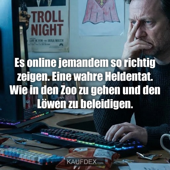 Es online jemandem so richtig zeigen. Eine wahre Heldentat. Wie in den Zoo zu gehen und den Löwen zu beleidigen.
