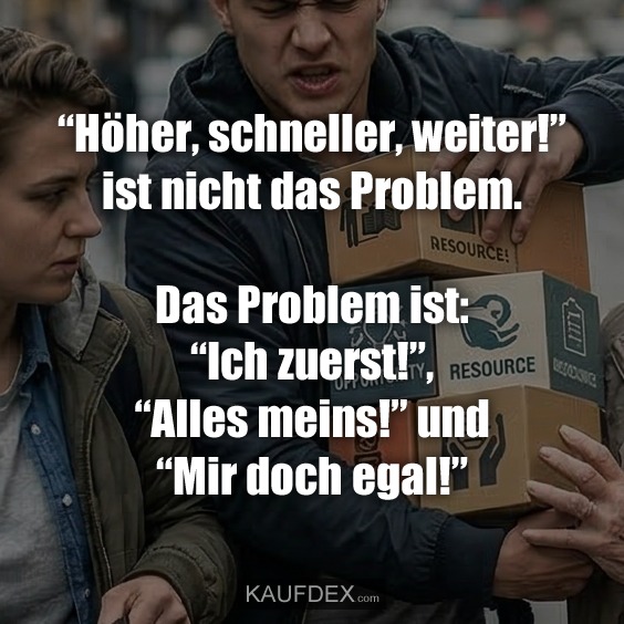 “Höher, schneller, weiter!” ist nicht das Problem. Das Problem ist: “Ich zuerst!”, “Alles meins!” und “Mir doch egal!”