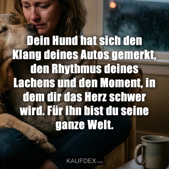 Dein Hund hat sich den Klang deines Autos gemerkt, den Rhythmus deines Lachens und den Moment, in dem dir das Herz schwer wird. Für ihn bist du seine ganze Welt.