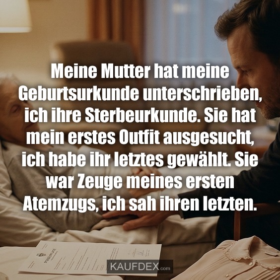 Meine Mutter hat meine Geburtsurkunde unterschrieben, ich ihre Sterbeurkunde. Sie hat mein erstes Outfit ausgesucht, ich habe ihr letztes gewählt. Sie war Zeuge meines ersten Atemzugs, ich sah ihren letzten.