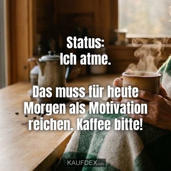 Status: Ich atme. Das muss für heute Morgen als Motivation reichen. Kaffee bitte!