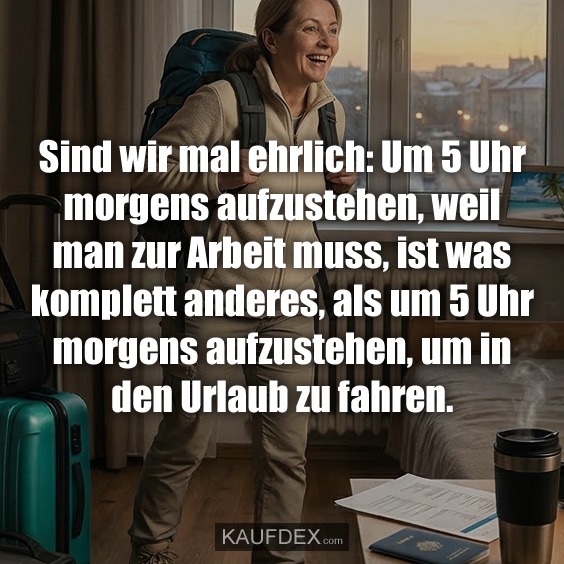 Sind wir mal ehrlich: Um 5 Uhr morgens aufzustehen, weil man zur Arbeit muss, ist was komplett anderes, als um 5 Uhr morgens aufzustehen, um in den Urlaub zu fahren.