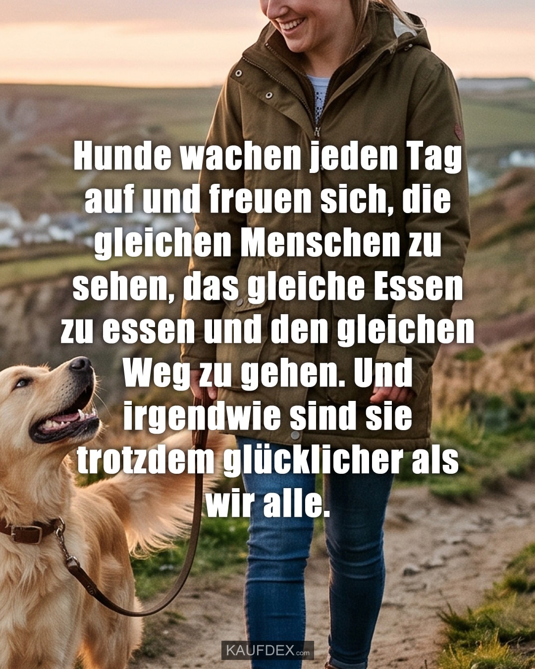 Hunde wachen jeden Tag auf und freuen sich, die gleichen Menschen zu sehen, das gleiche Essen zu essen und den gleichen Weg zu gehen. Und irgendwie sind sie trotzdem glücklicher als wir alle.