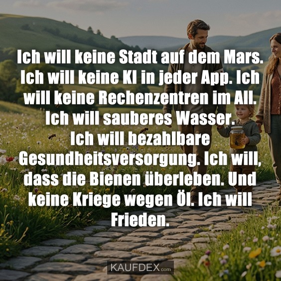 Ich will keine Stadt auf dem Mars. Ich will keine KI in jeder App. Ich will keine Rechenzentren im All. Ich will sauberes Wasser. Ich will bezahlbare Gesundheitsversorgung. Ich will, dass die Bienen überleben. Und keine Kriege wegen Öl. Ich will Frieden.