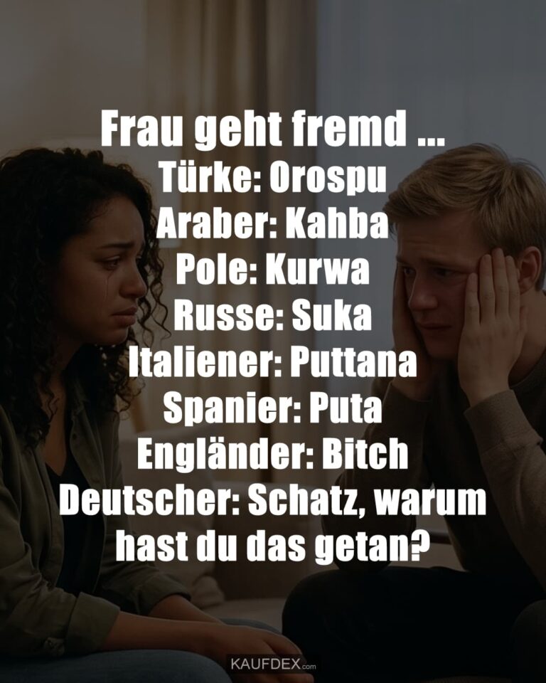 Frau geht fremd ... Türke: Orospu Araber: Kahba Pole: Kurwa Russe: Suka Italiener: Puttana Spanier: Puta Engländer: Bitch Deutscher: Schatz, warum hast du das getan?