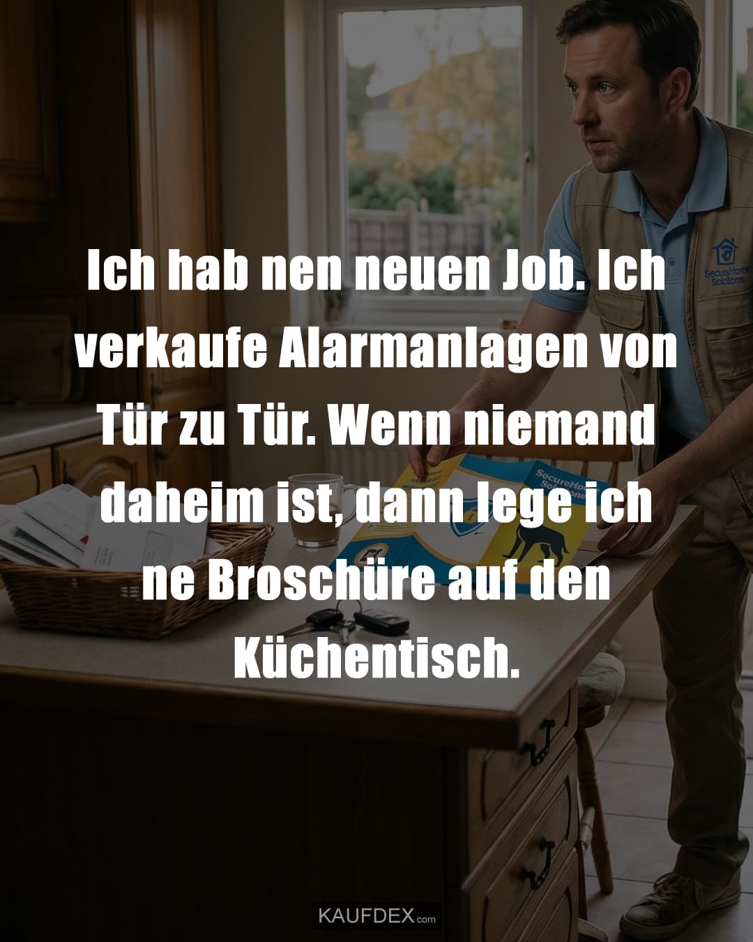 Ich hab nen neuen Job. Ich verkaufe Alarmanlagen von Tür zu Tür. Wenn niemand daheim ist, dann lege ich ne Broschüre auf den Küchentisch.
