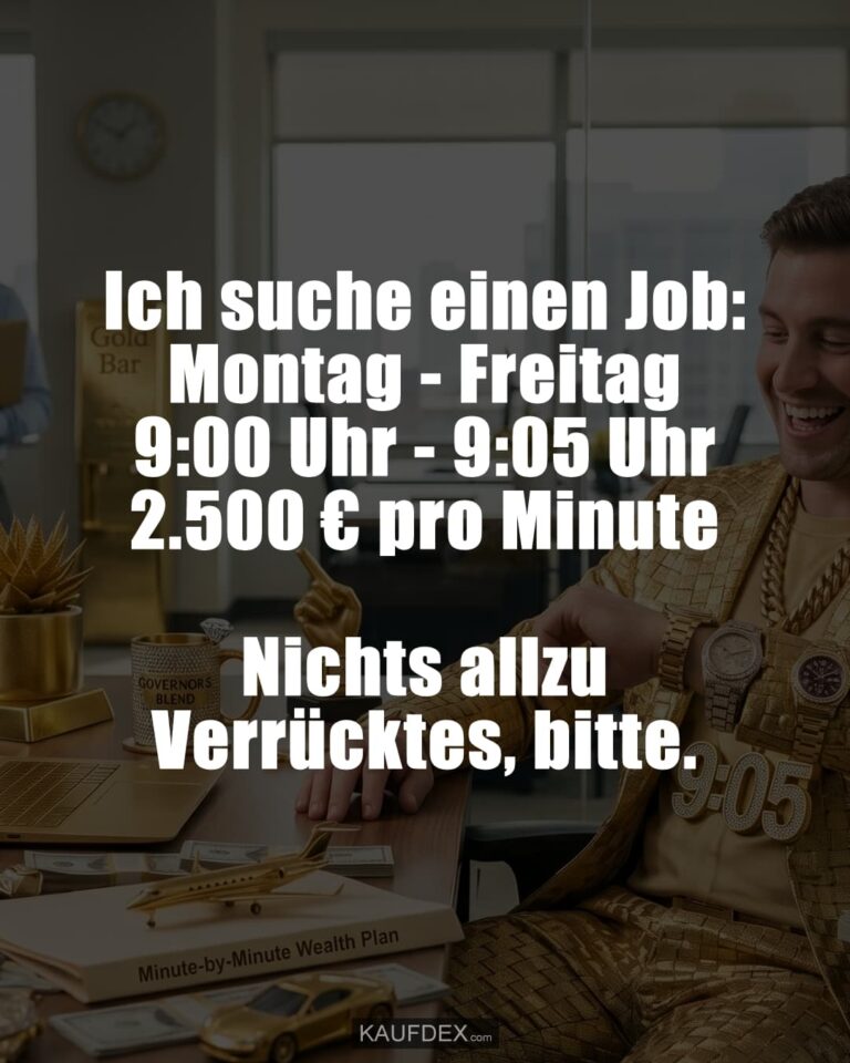 Ich suche einen Job: Montag - Freitag 9:00 Uhr - 9:05 Uhr 2.500 € pro Minute Nichts allzu Verrücktes, bitte.