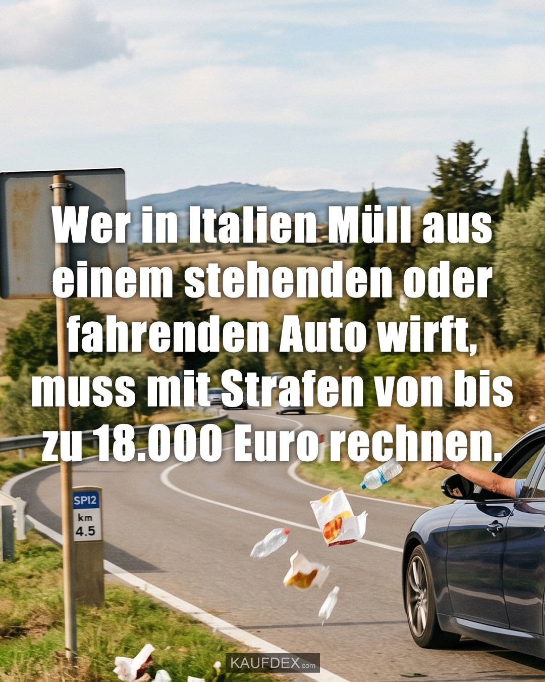 Wer in Italien Müll aus einem stehenden oder fahrenden Auto wirft, muss mit Strafen von bis zu 18.000 Euro rechnen.