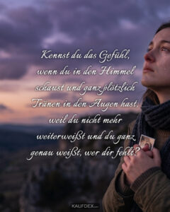 Kennst du das Gefühl, wenn du in den Himmel schaust und ganz plötzlich Tränen in den Augen hast, weil du nicht mehr weiterweißt und du ganz genau weißt, wer dir fehlt?