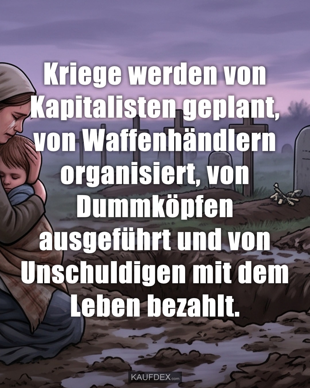 Kriege werden von Kapitalisten geplant, von Waffenhändlern organisiert, von Dummköpfen ausgeführt und von Unschuldigen mit dem Leben bezahlt.