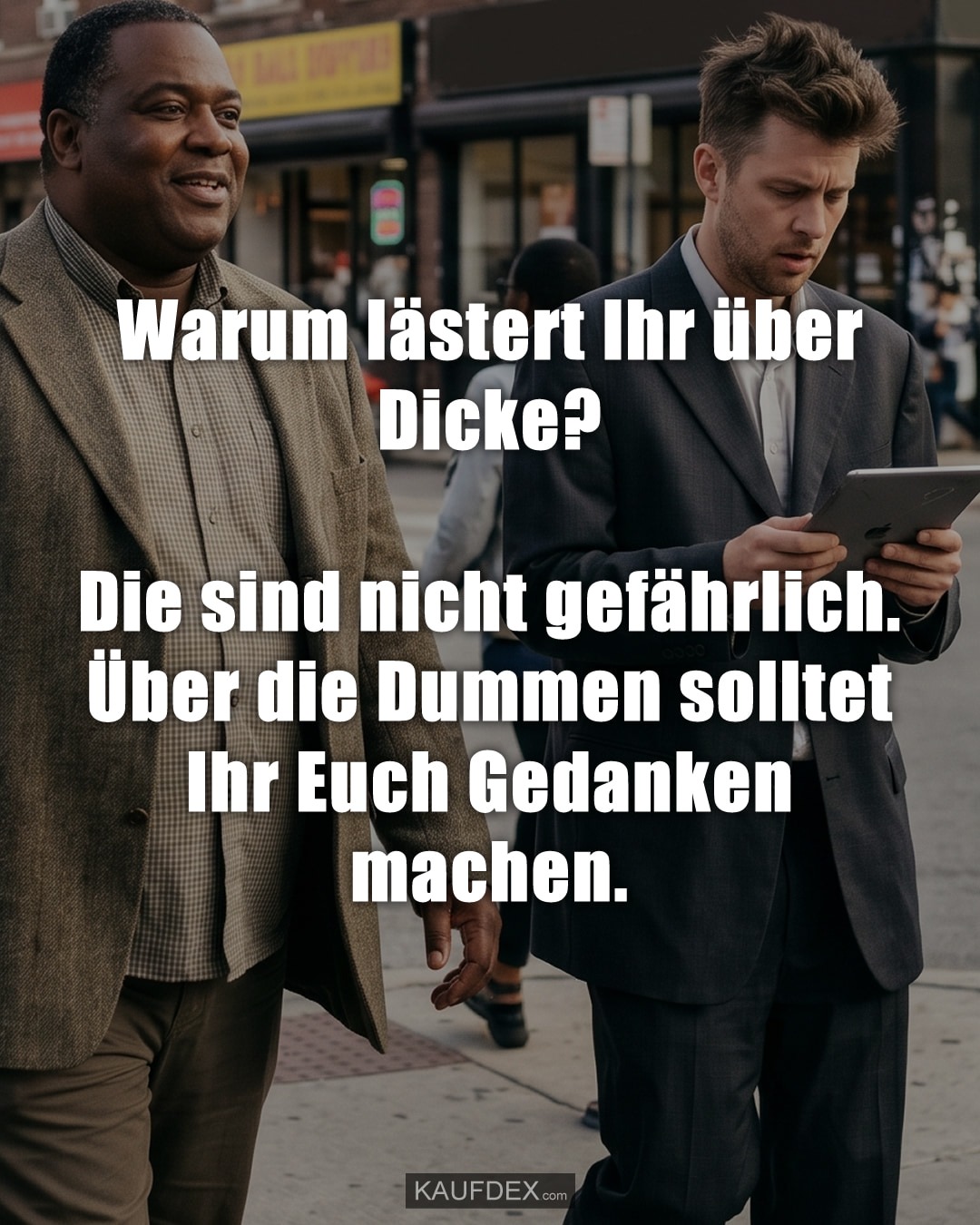 Warum lästert Ihr über Dicke? Die sind nicht gefährlich. Über die Dummen solltet Ihr Euch Gedanken machen.