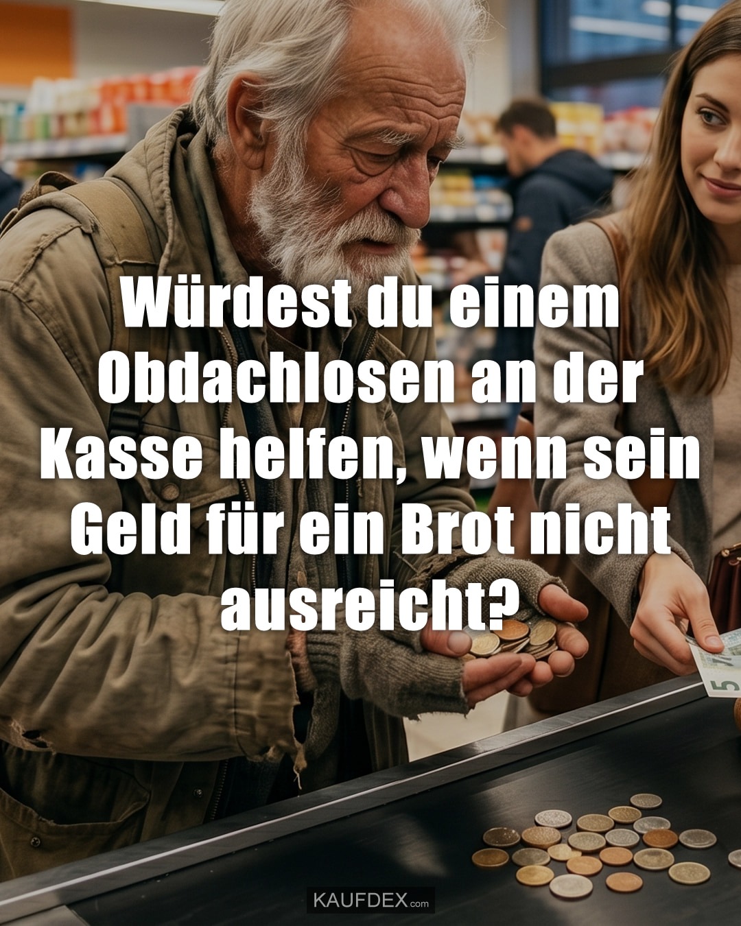 Würdest du einem Obdachlosen an der Kasse helfen, wenn sein Geld für ein Brot nicht ausreicht?